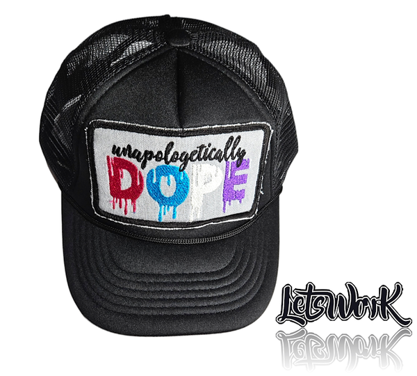 Black/ multi-color Unapologetically Dope Trucker Hat